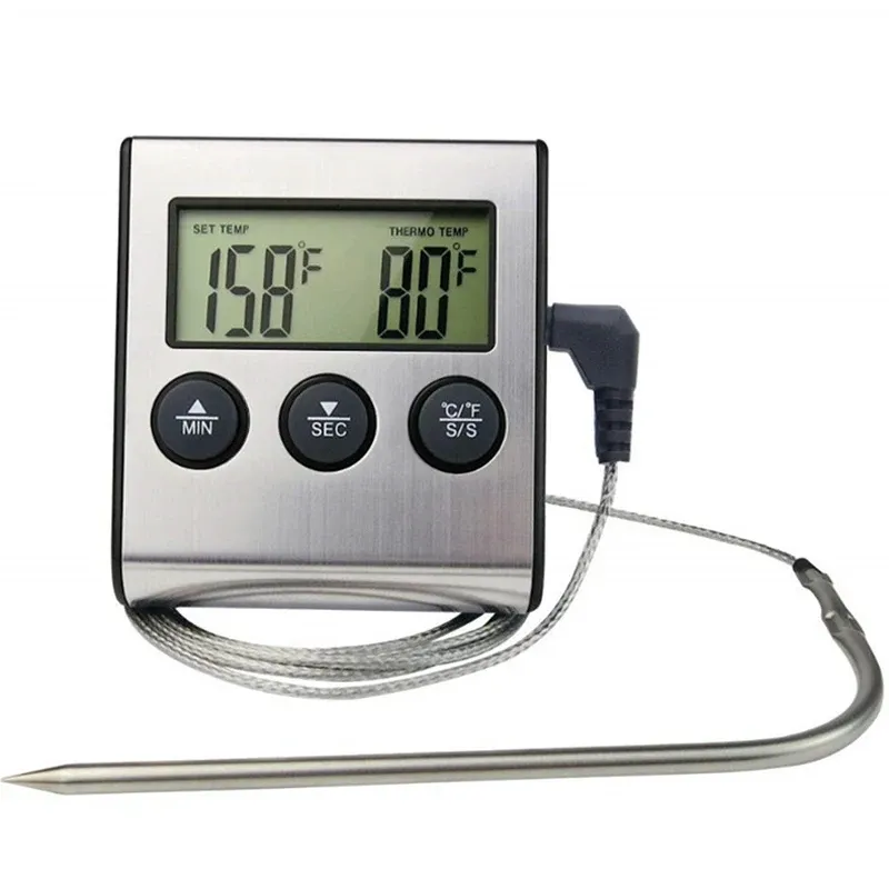 Digitales Küchenthermometer für Fleisch und Lebensmittel, Temperatur für Backofen, Grill, Timer-Funktion mit Sonde, Wärmemessgerät zum Kochen