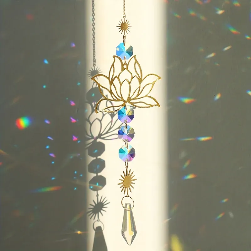 1 Stück MetallLotus undKünstlicher Kristall-Sonnenfänger-Charm, handgefertigt, anwendbar, für Zuhause, Windspiel, Anhänger, Outdoor, Garten, Pflanzendekoration