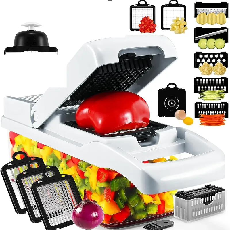 12-in-1 multifunktionaler Gemüseschneider, Lebensmittelzerkleinerer, Kartoffelschneider, Karottenreibe, Zwiebelzerkleinerer, Salatschneider, Küchenhelfer