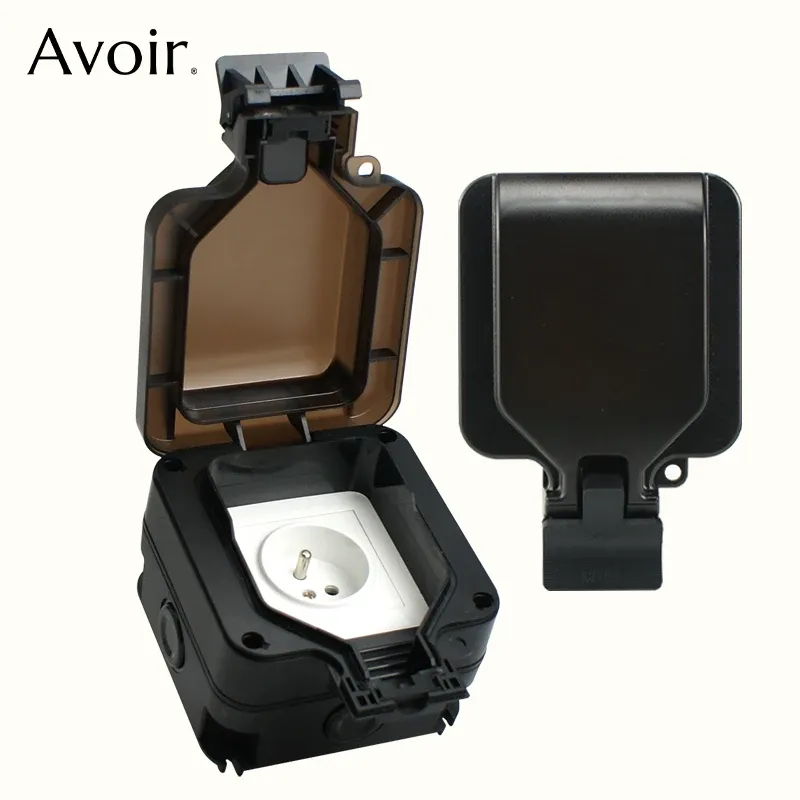 Avoir IP66 Wandsteckdose, wasserdicht, Einzelbox, Steckdose, EU, Französisch, UK, universeller Standard-Netzstecker, für den Außenbereich, staubdicht, Schwarz