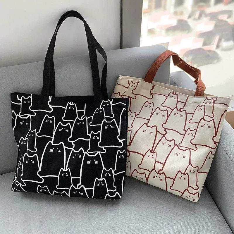 Canvas-Taschen, Handtasche für Damen, Shopper, süße Katze, Tragetasche mit Reißverschluss, Designer-Tasche, japanischer Stil, Cartoon, kleine Schultertasche
