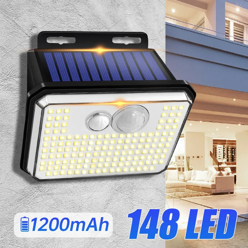 IP65 wasserdichte Solar-Gartenleuchten für den Außenbereich, superhell, 148 LEDs, Bewegungsmelder, Wandleuchte, solarbetriebene Sicherheitslampe, 3 Modi