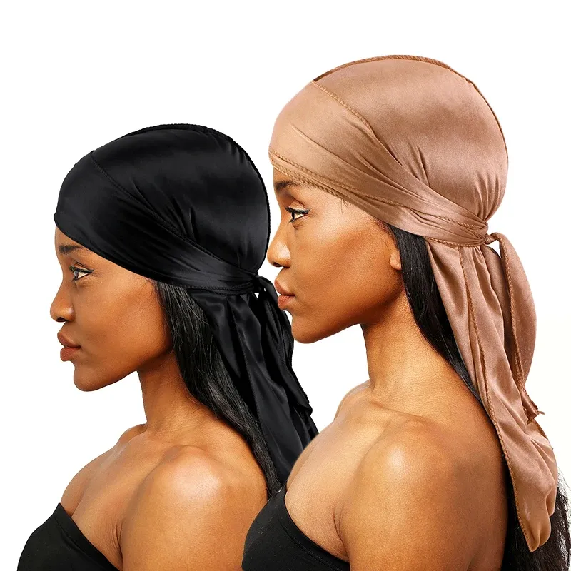 2 Stück seidige Satin-Durags für Herren, Designer-Mützen mit langem Schwanz, Doo-Lappen-Kappen, Du-Rags für Damen, Seidensatin-Krawatte, Do-Lappen-Kappe für Wellen