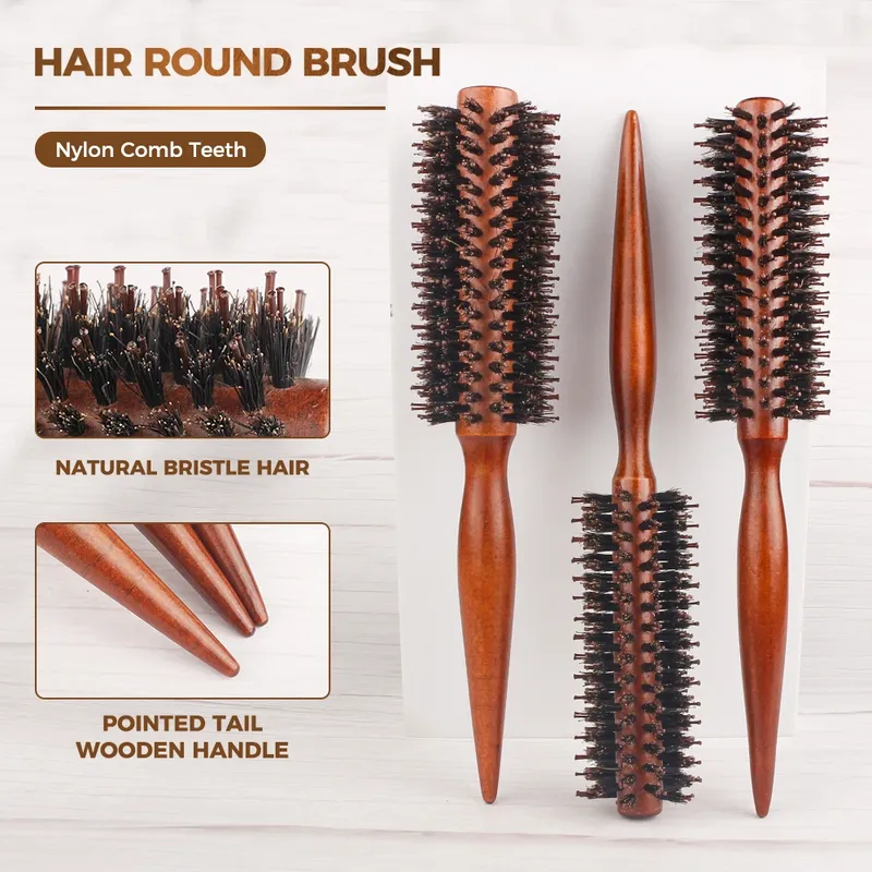 12-Stil, Holzgriff, runde Rollbürste, gerader Twill-Haarkamm, Wildschweinborsten, rundes Fass, Lockenbürste, Friseurwerkzeug