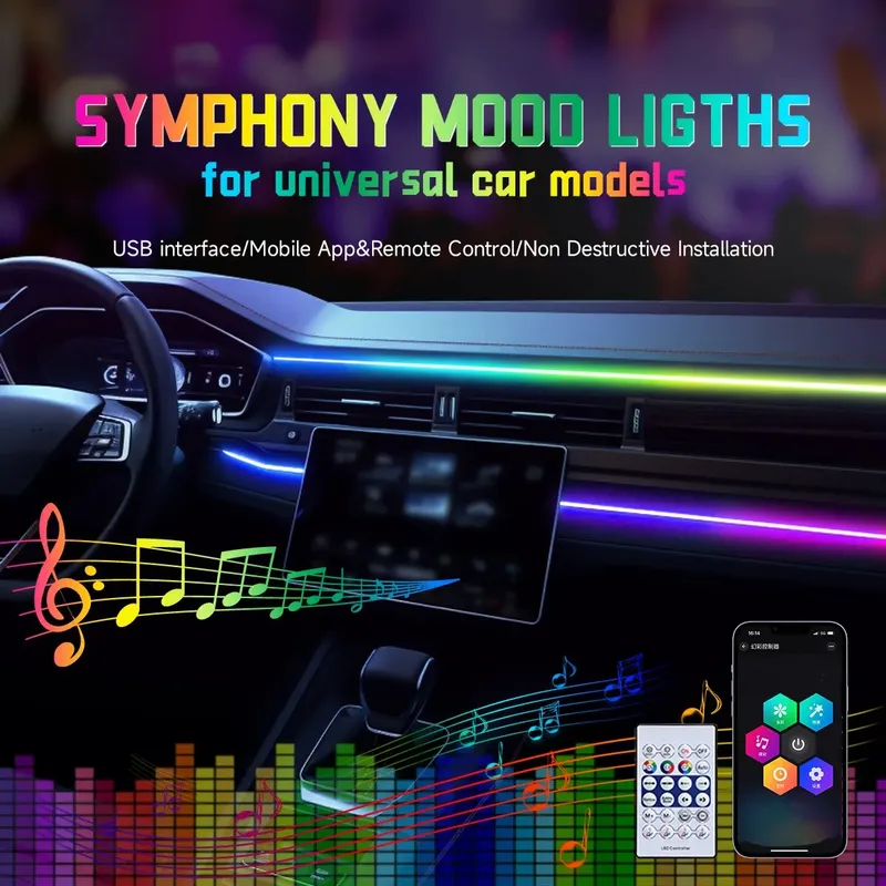 Auto LED Umgebungslicht USB 64 Farben Acrylstreifen 110 cm Vollfarben RGB Auto Innen Versteckte App Fernbedienung Atmosphäre Lampe