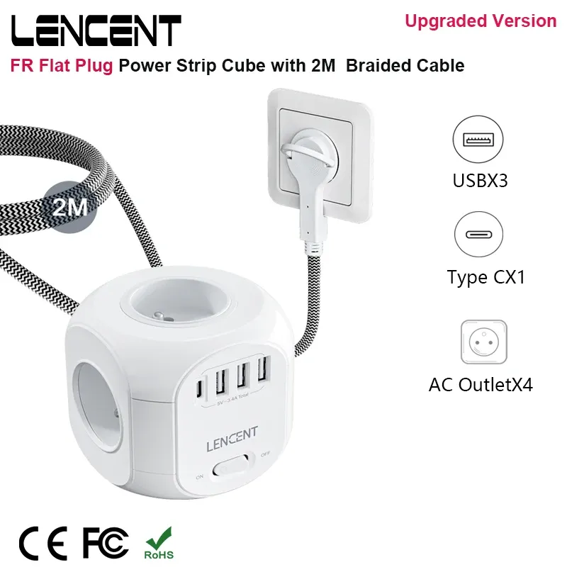 LENCENT FR Flachstecker-Steckdosenleistenwürfel mit 4 AC-Steckdosen + USB-A + Typ C 2 m/3 m geflochtenes Kabel, mehrere Steckdosen mit Schalter für Zuhause