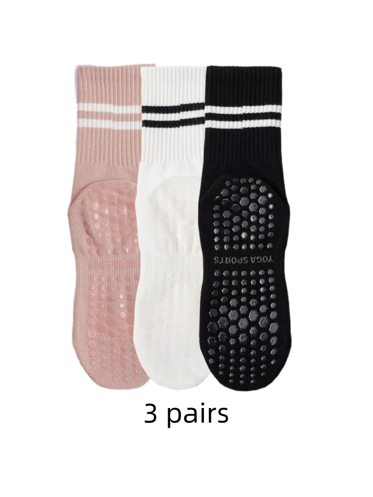 3 Paar Yoga-Socken, mittellange Socken, rutschfeste Silikon-Indoor-Fitness-Pilates aus reiner Baumwolle, Sportsocken für Damen im Großhandel