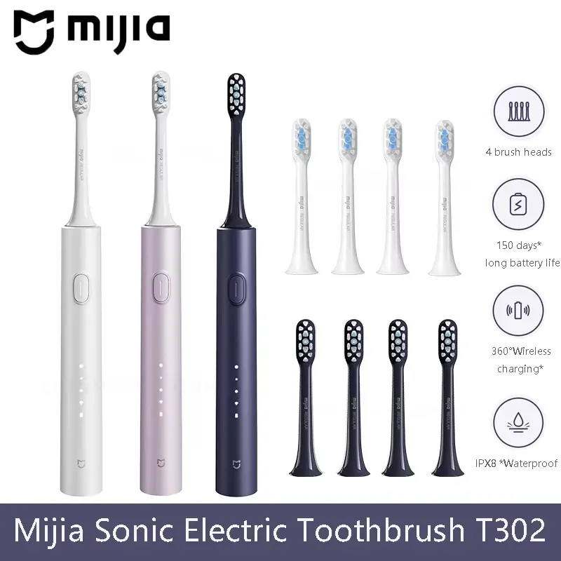 Mijia Sonic Elektrische Zahnbürste T302 3 Farben 4 Bürstenköpfe IPX8 Wasserdicht 360 °   Kabelloses Laden 4 Modi Zahnreinigung