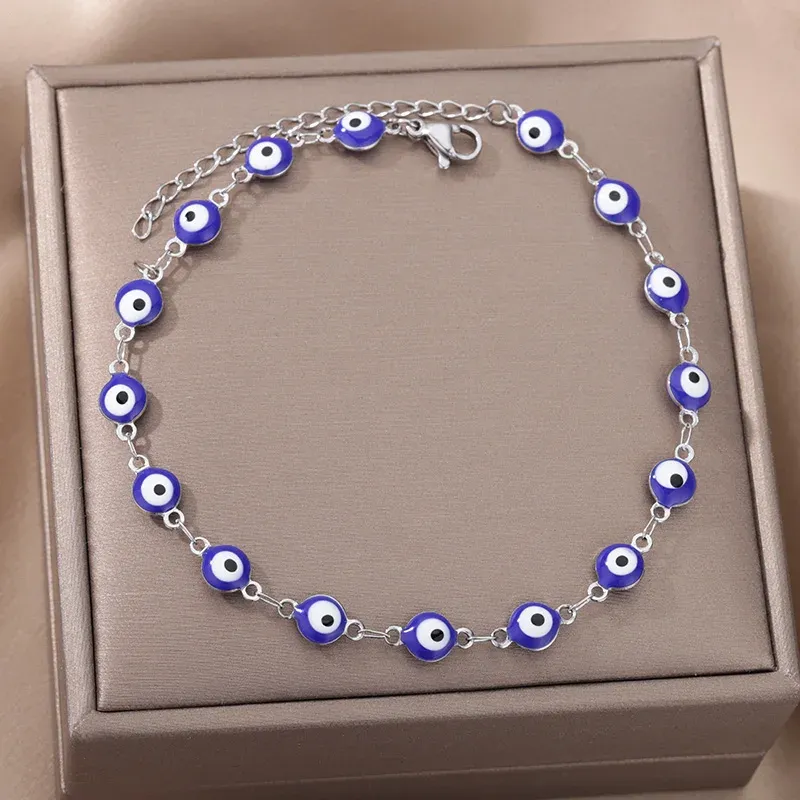 Edelstahl Evil Eye Fußkettchen Für Frauen Emaille Runde Bein Kette Blau Evil Eye Fußkettchen Armband Sommer Strand Fuß Schmuck Geschenk