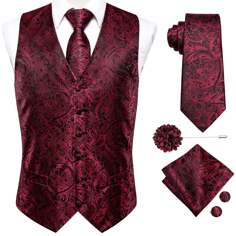 Hi-Tie Herrenwesten aus Seide, Jacquard-Weste, Krawatte, Einstecktuch, Manschettenknöpfe, Broschen-Set für Herren, Anzug, ärmellose Jacke, Hochzeit, Business