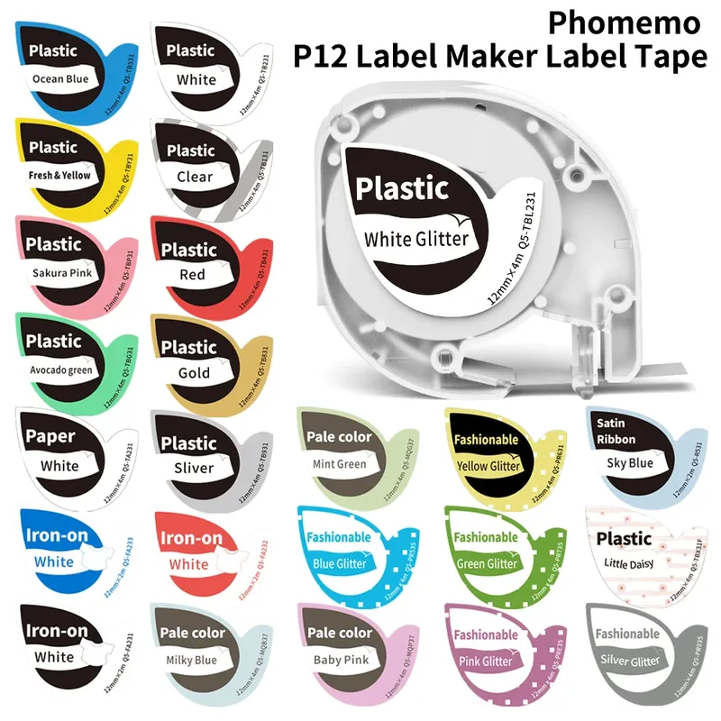 Phomemo P12 P12Pro Etikettendrucker-Klebeband, Ersatz für DYMO Etikettendrucker, Pastic-Klebeband, Ersatz für DYMO Letra Tag 100H LT-100T LT110T