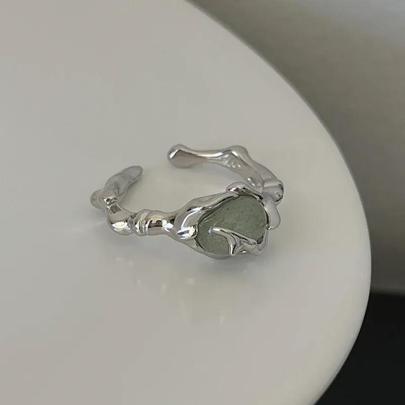 925 Sterling Silber vergoldet Flüssigkeit Lava Hetian Jade Bambus Ring für Frauen Mädchen Geschenk Unregelmäßigen Vintage-Schmuck Dropshipping