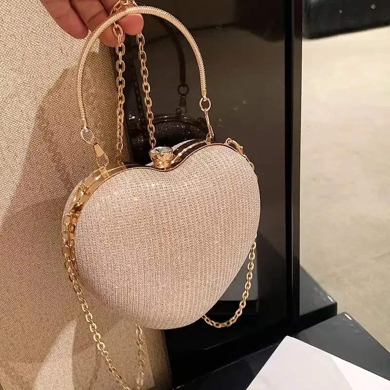 Abend Clutch Tasche Frauen Tasche Glänzende Handtasche Herz Form Metall Kupplungen Tasche Mode Kette Schulter Umhängetasche Luxus Dame Geldbörse