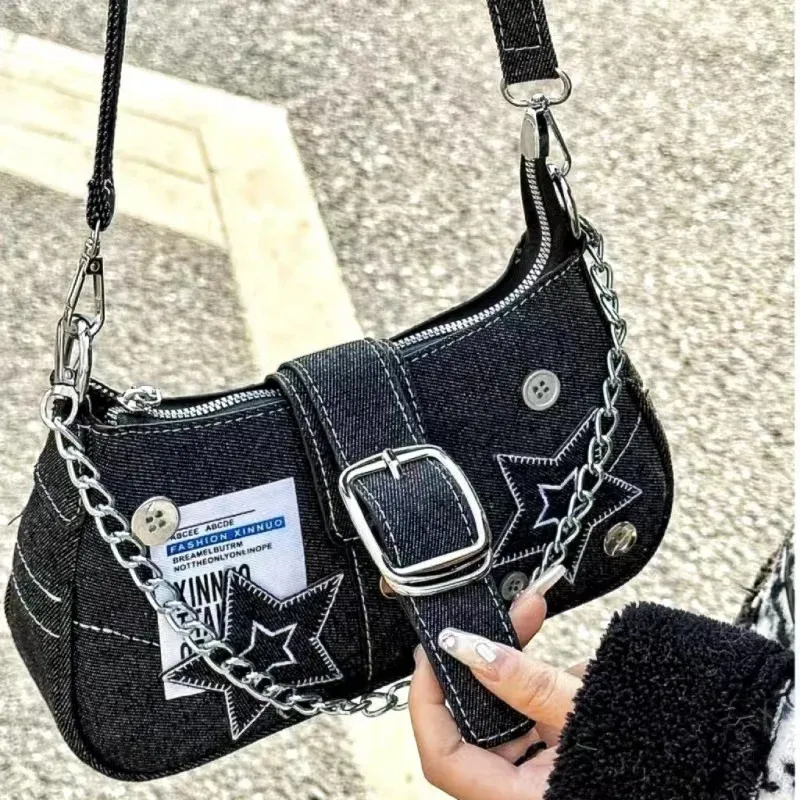 Y2k Mode Damen handtaschen Sterne Muster coole Mädchen Achsel Tasche Vintage Leinwand weibliche kleine Umhängetaschen Kette Tasche Geldbörsen
