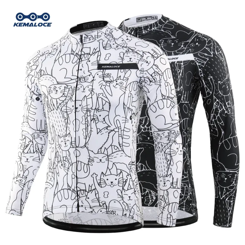 KEMALOCE Radtrikot mit langen Ärmeln für Herren und Damen, Weiß und Schwarz, Cartoon 2024, Fahrradtrikot, Team, Sommer, Premium-Anti-UV-Zyklus-Kleidung