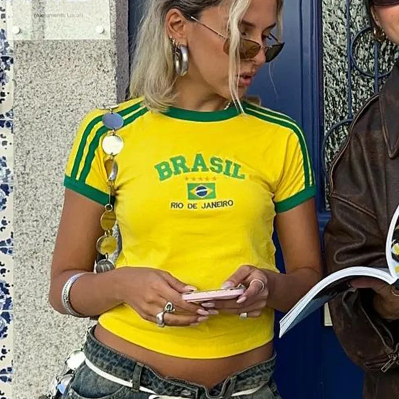 2023 sommer T-shirt Für Frauen Brasilien Brief Ästhetischen 90er Crop Tops Casual Kurzarm T Kpop Streetwear Vintage Y2k kleidung