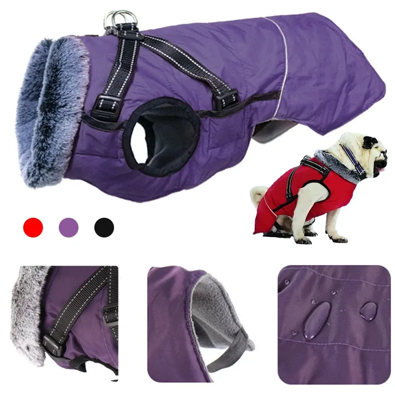 Winter-Haustier-Hundekleidung mit Geschirr für mittelgroße und große Hunde, wasserdichter warmer Mantel, französische Bulldogge, Labrador-Jacke, Mops-Pudel-Kostüm