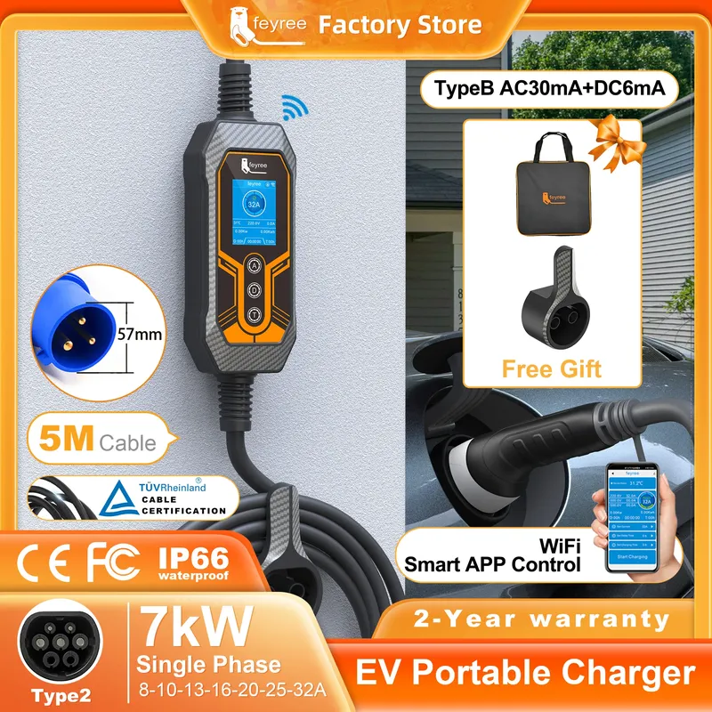 feyree Tragbares EV-Ladegerät Typ2 32A 7KW EVSE Wi-Fi APP-Steuerung Einstellbarer Strom Smart Timing-Aufladung für den Heim- und Außenbereich