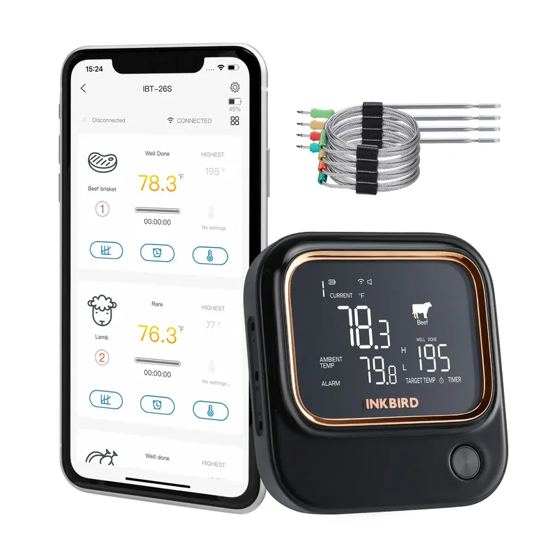 INKBIRD BBQ mit 4/6 Sonden in Lebensmittelqualität, Thermometer IBT-26S, Bluetooth-WLAN, APP-Steuerung, USDA, Fleischvoreinstellungen, Alarm, Timer, LCD mit Hintergrundbeleuchtung