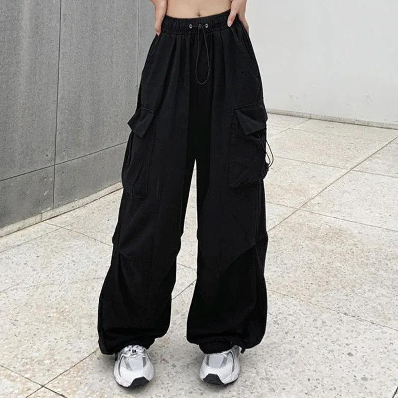 2024 frauen Casual Jogger Tech Hosen Feste Niedrige Taille Hosen Kordelzug Breite Bein Baggy Hosen Y2k Streetwear Oversize Jogginghose