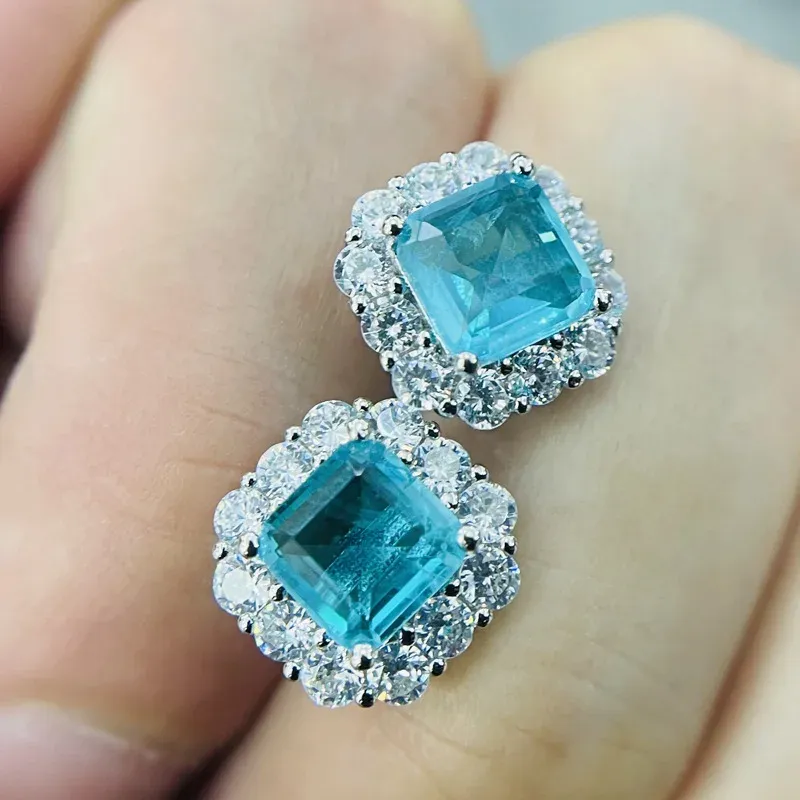 925 Sterling Silber 12 * 12 mm quadratische Ohrringe für Frauen, eleganter Paraiba-Turmalin, Verlobung, Hochzeit, Statement-Ohrring-Schmuck