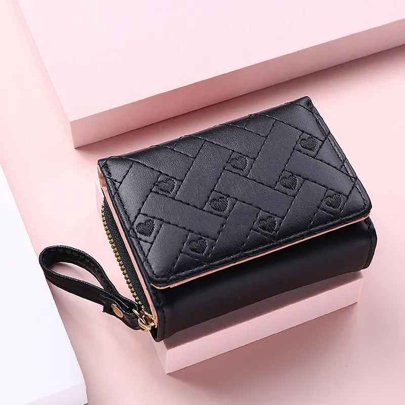 Damen-Geldbörse, dreifach gefaltet, Kartentasche, PU, mehrere Objekte, Tasche, kurz, modisch, bestickt, Liebesmuster, koreanisch, minimalistisch, neu 2024