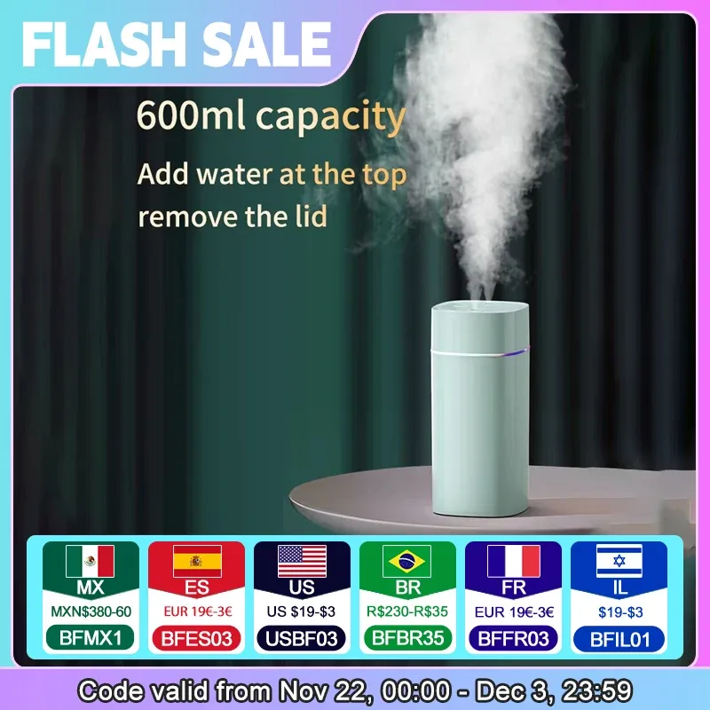Kreativer Luftbefeuchter mit zwei Düsen für den Schreibtisch, Zuhause, Schlafzimmer, Auto, Aromatherapie, geräuschlose Luftbefeuchtung, USB, 7-Farben-Umgebungslicht