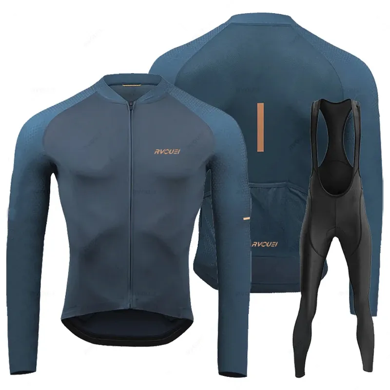 Rvouei Atmungsaktive Langarm Radfahren Jersey Set Trägerhose Ropa Maillot Ciclismo Fahrrad Kleidung MTB Bike Uniform Männer Kleidung