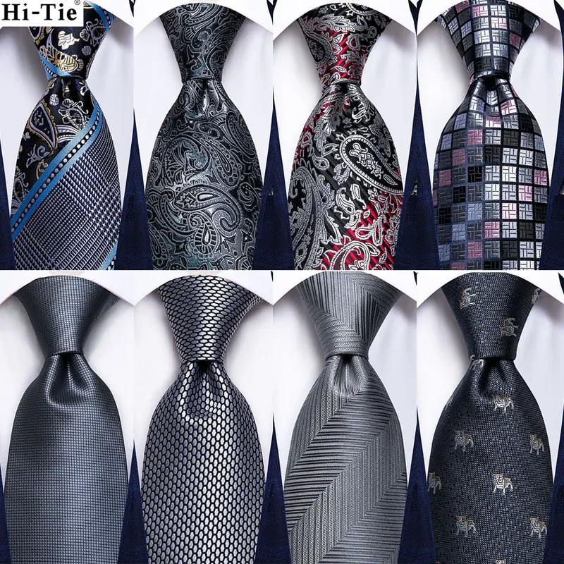 Grau gestreifte Paisley-Hochzeitskrawatte für Herren, handgefertigte Manschettenknöpfe, Geschenk, Herrenkrawatte, modisches Design, Business-Party, Dropshipping, Hi-Tie