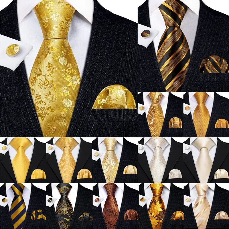 Barry.Wang Gold Seide Herren Krawatte Einstecktuch Manschettenknöpfe Set Gelb Beige Orange Luxus Jacquard Krawatte Für Männer Hochzeit Business Party