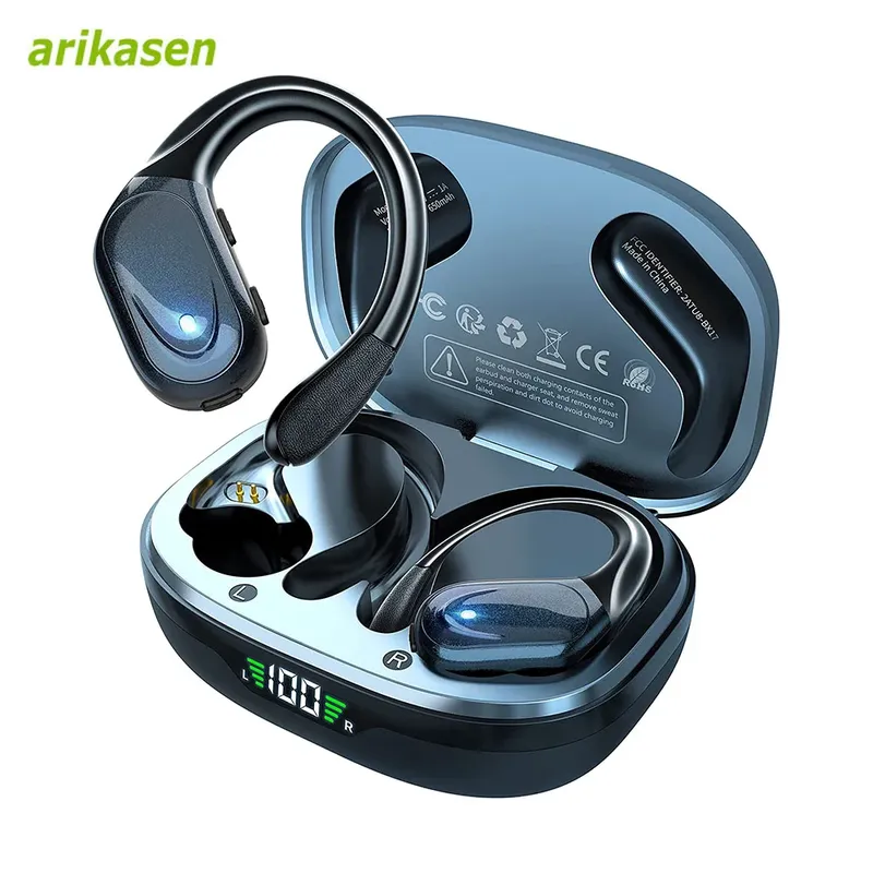 Kabellose Ohrhörer, Sport-Bluetooth 5.3-Kopfhörer mit Mikrofon mit Geräuschunterdrückung, 75 Stunden HiFi-Stereo, Over-Ear-Knospe, LED-Anzeige, USB-C, IPX6