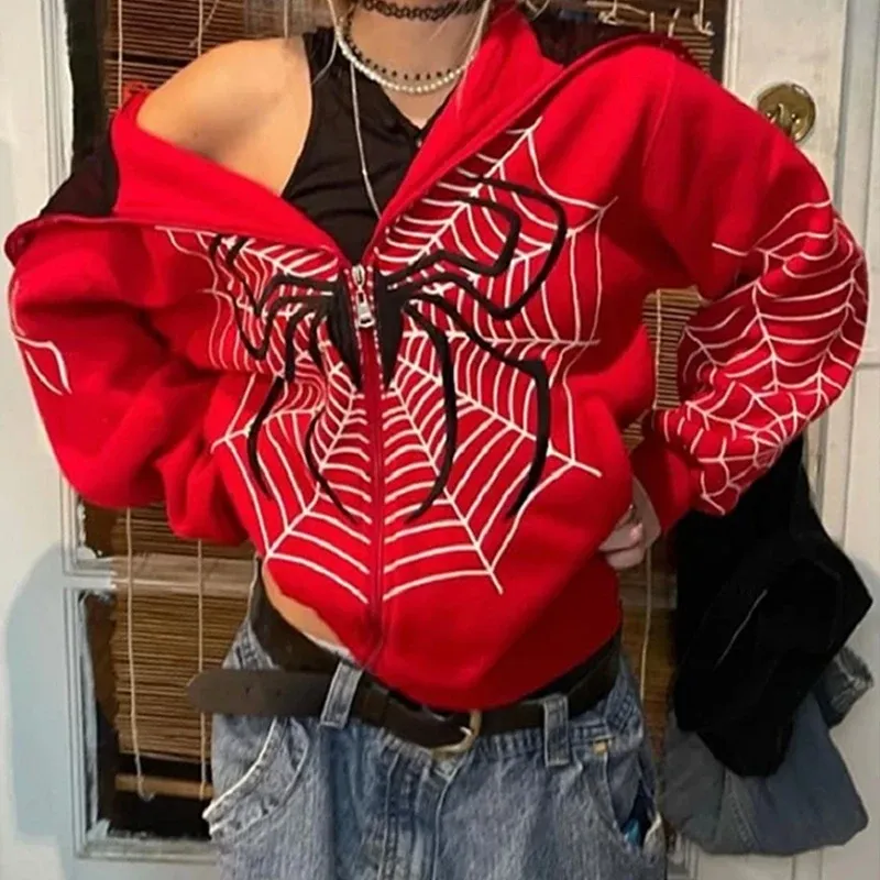 Y2k Strass Skeleton Hoodies Frauen Gothic Schwarz Zip Up Übergroßen Sweatshirts Weibliche Retro Harajuku Mit Kapuze Jacken Streetwear
