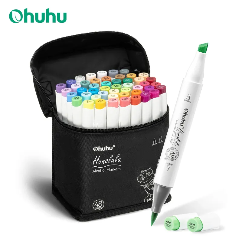 Ohuhu Honolulu 48-Farben-Markierungsstift-Set, Alkohol-Kunstmarker, nachfüllbar, Doppelspitzen, Skizzieren, Zeichnen, Manga, Schule, Kunstbedarf