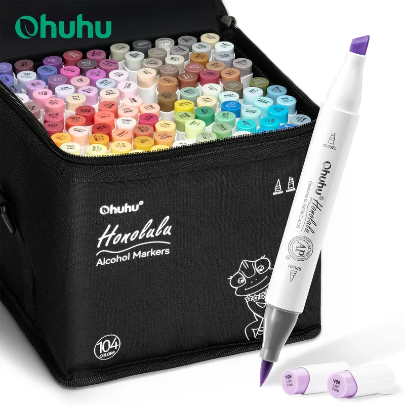 Ohuhu Honolulu 104-Farben-Markierungsstift-Set, Alkohol-Kunstmarker, nachfüllbar, Doppelspitzen, Skizzieren, Zeichnen, Manga, Schule, Kunstbedarf