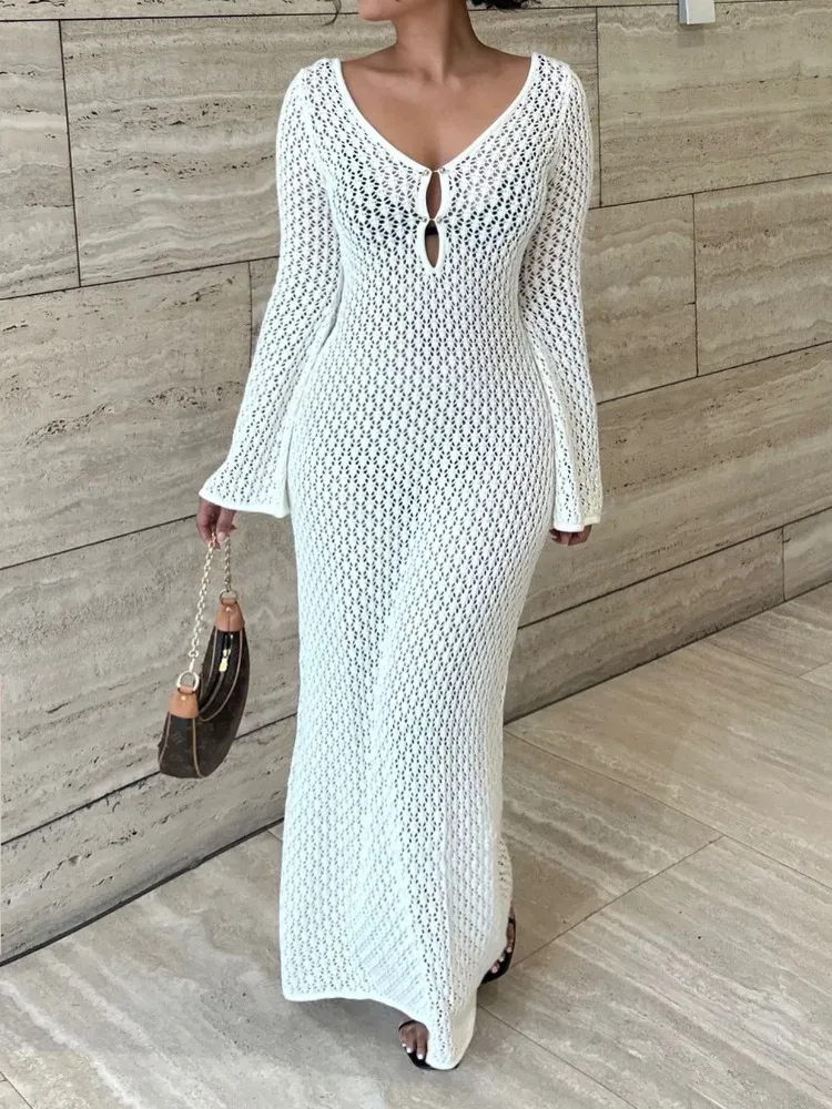 Tossy White Knit Fashion Cover-up Maxikleid für Damen, durchsichtig, V-Ausschnitt, aushöhlen, Strandurlaubskleid, Strickwaren, rückenfreies Kleid