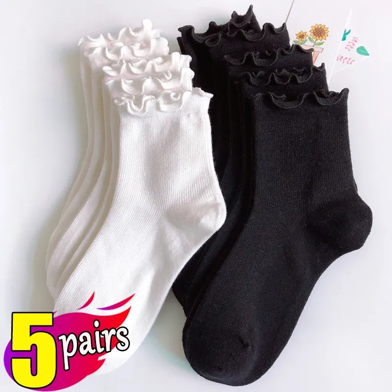 1/3/5pairs Baumwolle Rüschen Ankle Socken Frauen Lolita Nette Kawaii Koreanische Strumpf Mädchen Frühling Schwarz Weiß Mittleren rohr Japanische Sox