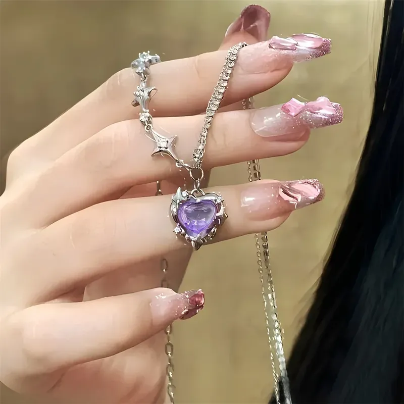 SUMENG 2024 Lila Rosa Schwarz Kristall Herz Anhänger Halskette Süße Cool Girl Punk Schlüsselbein Kette Für Frauen Mode Schmuck Geschenke