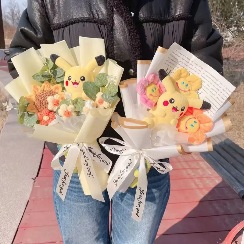 Pokemon Plüsch Pikachu Cartoon Anime ausgestopfte Puppen mit Sonnenblumen handgemachten Blumenstrauß Weihnachten Geburtstag Kinder Geschenk