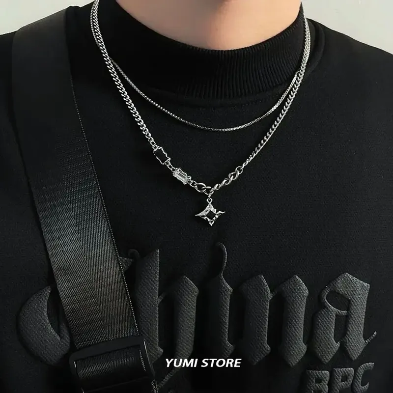 Hip Hop Zirkon Stern Doppel Schicht Halskette Für Männer Frauen Trend Charme Titan Stahl Anhänger Kette Unisex Schmuck Großhandel