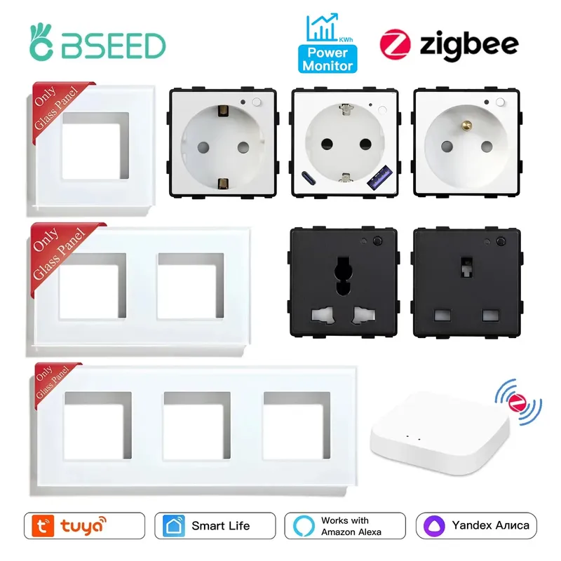BSEED Zigbee EU/FR/UK/Universal Smart Steckdose Stecker Funktion Teile Mit Power Monitor Glas Rahmen DIY Teile Kostenlose Kombinieren