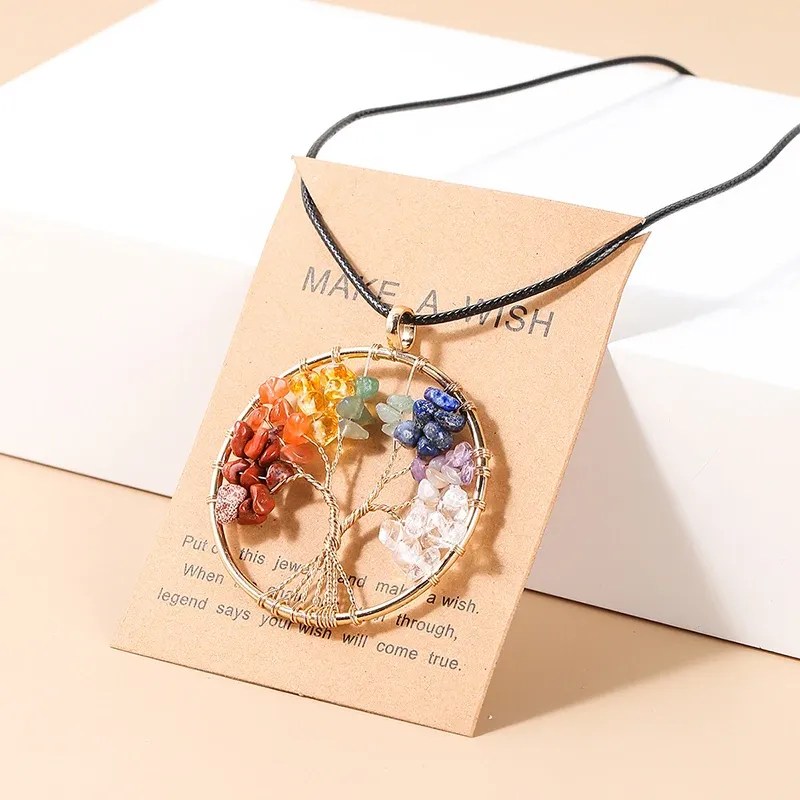 JD Natürliche Kristall Chip 7 Chakren Baum des Lebens Anhänger Halskette Gold Farbe Weisheit Reiki Heilung Energie Schmuck Glück Paar Geschenk