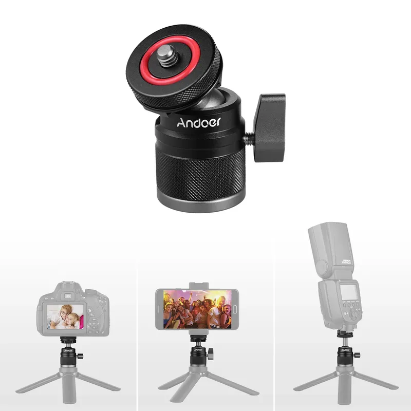 Andoer 2-in-1-Kugelkopf mit doppeltem Verwendungszweck und 1/4 Schraubbefestigung 360 °   Aluminiumlegierung für Kamerahandyhalter Speedlite Stativ Selfie Stick