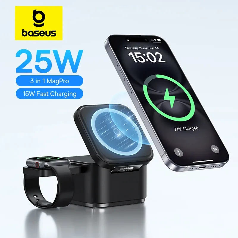 Baseus 3 in 1 25 W magnetischer kabelloser Ladeständer 15 W schnelle kabellose Lade-Desktop-Dockstation für iPhone16 15 14 13 Airpod