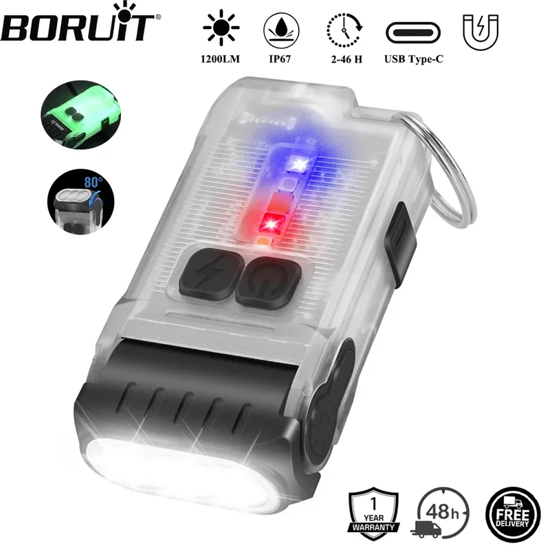 BORUiT V15 1200LM LED-Schlüsselanhänger, EDC-Taschenlampe, Typ C, wiederaufladbare Arbeitslicht-Taschenlampe mit Magnet, wasserdichte Camping-Taschenlaterne