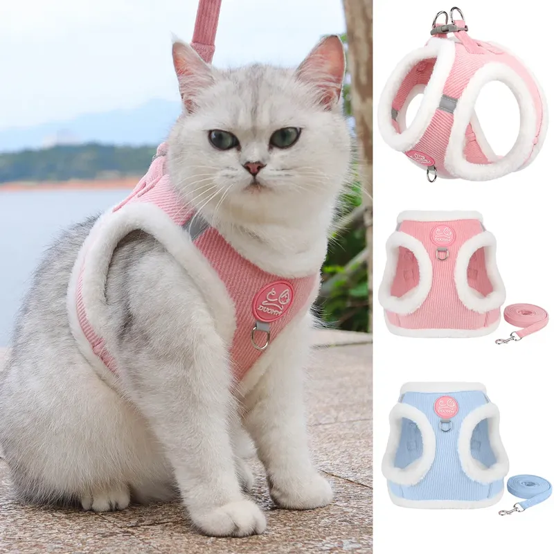 Set aus Kaninchenfell, Katze, Hundegeschirr und Leine, Winter, Haustier, Outdoor, Wanderzubehör, reflektierend, verstellbar, für Kätzchen, Welpen, Gatos