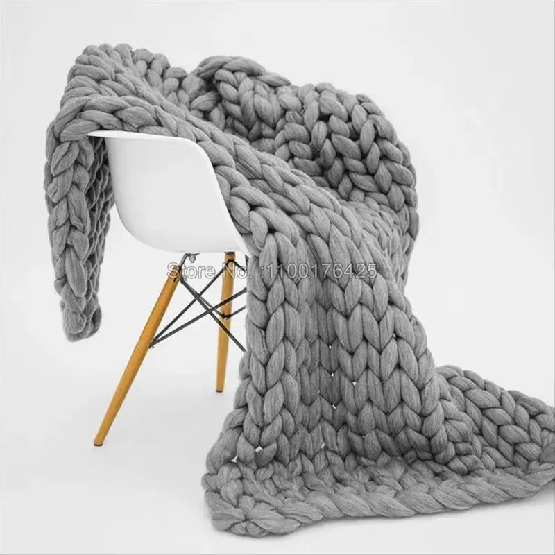 Graue weiche Strickdecke, Winter, dick, Sofa-Überwurf, großes Garn, Roving-Decke, klobige handgefertigte Gewichtsdecken, nordische Heimdekoration