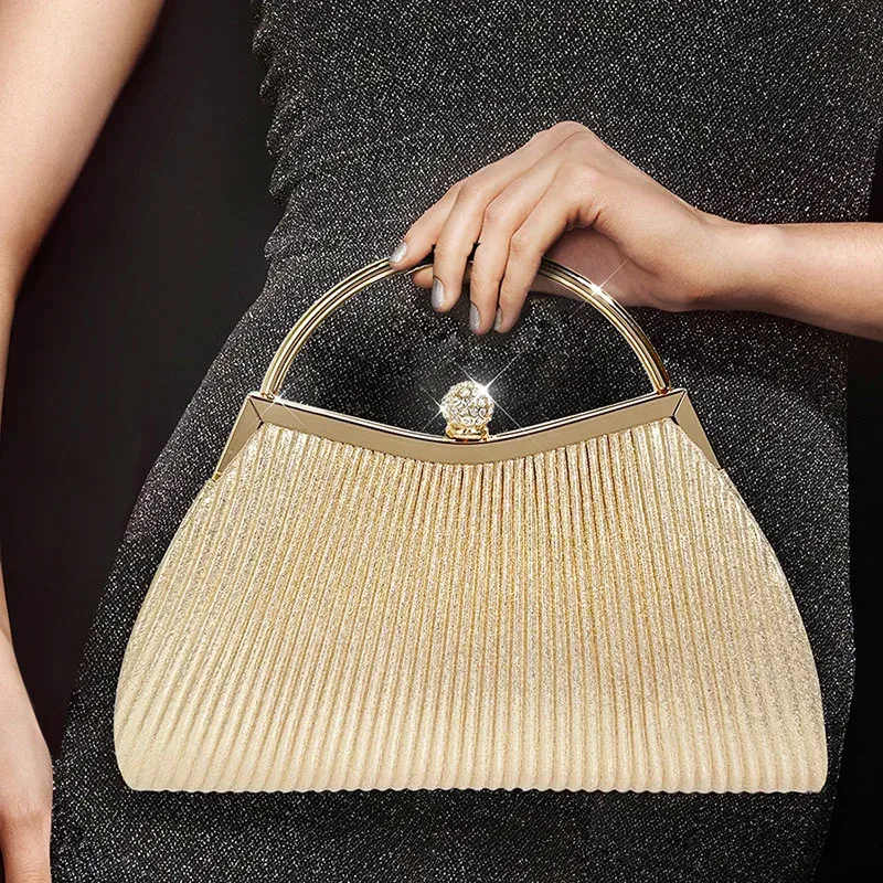 Plissee-Abendhandtasche für Damen, Griff oben, glitzernde Tageskupplung, Damen, Hochzeit, Abendessen, gekleidet, Clip-Tasche, Diamant-Party-Geldbörse, Gold