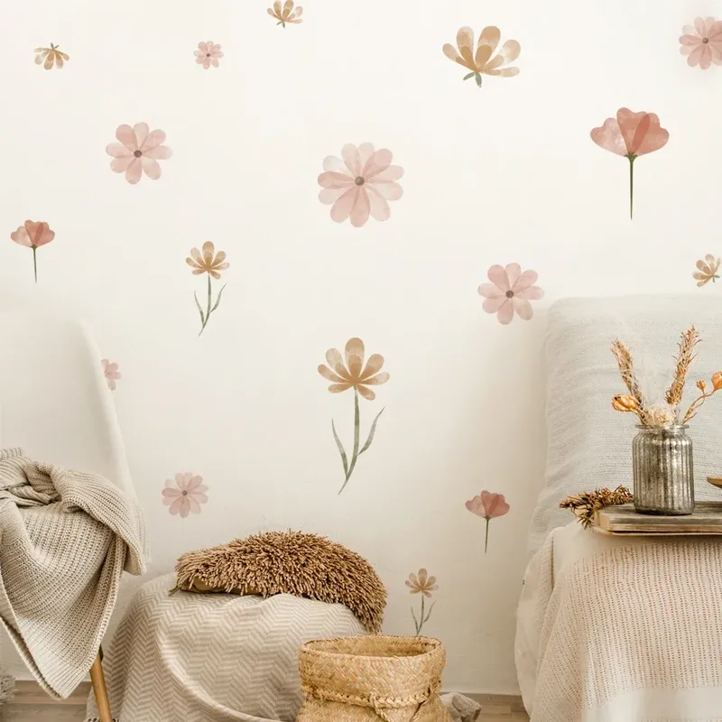 Boho-Blumen-Wandaufkleber für Kinder, Aquarell, Schlafzimmer, Wohnzimmer, Heimdekoration, Kunst, umweltfreundlich, abnehmbare Aufkleber, PVC-Wandbilder