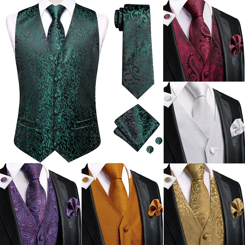 Hi-Tie Herren-Seidenwesten, modisch, dunkelgrün, Blumenmuster, Jacquard, Taschentuch, Manschettenknöpfe, Krawatte, ärmellose Weste, Sets, Hochzeit, Party