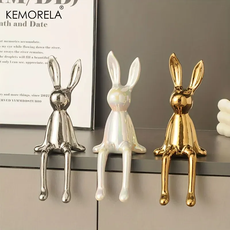 1PCS Keramik Langohren Sitzen Kaninchen Zimmer Ornamente Statue Luxus Hause Dekoration Zubehör High-End-Home Kunst ästhetik